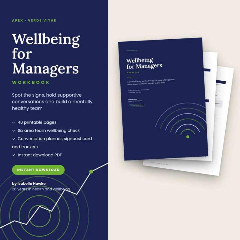APEX Wellbeing for Managers Workbook workbook cover from the Verde Vitae store