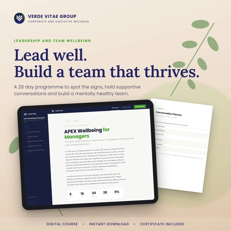 APEX Wellbeing for Managers course cover from the Verde Vitae store